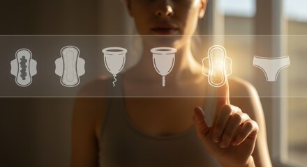 Woman choosing feminine hygiene product during menstruation. Hand touching virtual screen with period pad option. Health.