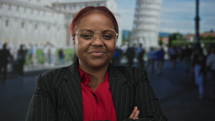 Woman wearing pinstripe suit and glasses with arms crossed near pisa tower building outdoors in daylight, smiling; confidence.