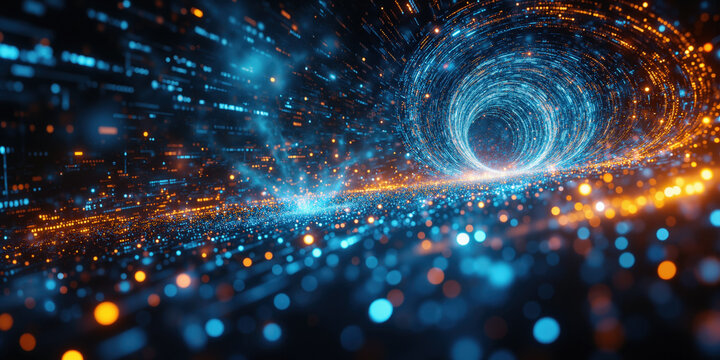 Holographic Data Vortex - A swirling vortex of digital information, composed of luminous binary codes and data clusters. The vortex