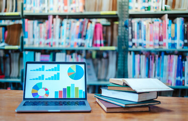 The laptop screen displays a business analysis graph in the library.
