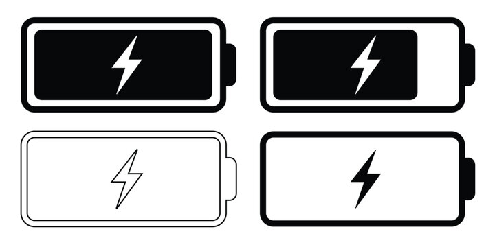 Battery Charging Icon Set with Lightning Bolt Symbol. Power Energy Vector Design.