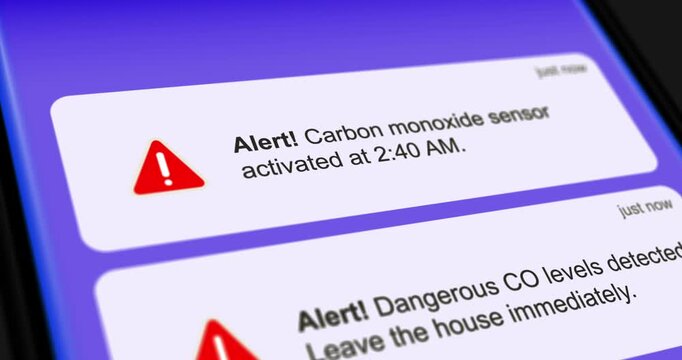 Dangerous CO levels alert, incoming messages on smartphone screen with Carbon monoxide high level notifications, scrolling messages, footage