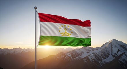 Tajikistan Flag Majestic Mountain Sunrise