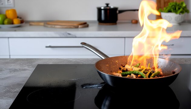 Dramatic culinary action with food catching fire in a frying pan on an induction hob. The art of the flamb&eacute; cooking technique in a modern kitchen.