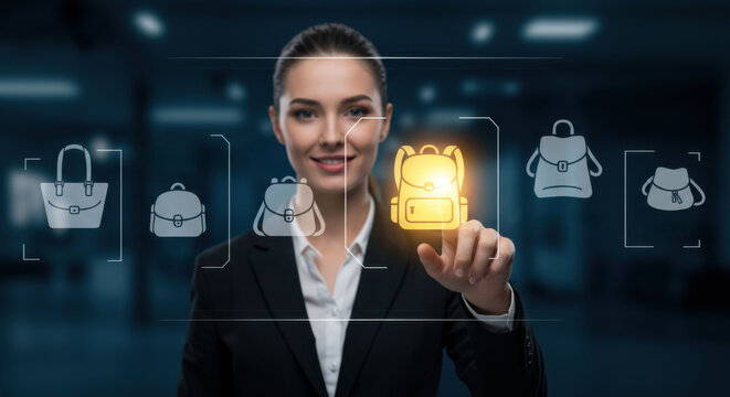 Young caucasian woman touching glowing backpack icon on virtual screen. Digital interface for online shopping. E-commerce technology concept. - Powered by Adobe