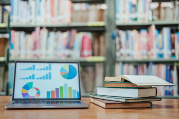 The laptop screen displays a business analysis graph in the library.
