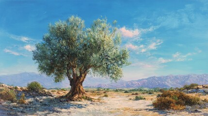 Serene olive tree in sunlit desert landscape with mountain view.