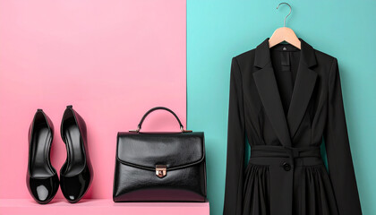 Stylish flat lay of women's classic black fashion essentials including a dress, high heels, and a handbag on a split pink and blue background.