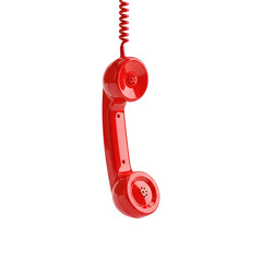 Classic red telephone handset hanging on a coiled cord isolated on transparent background
