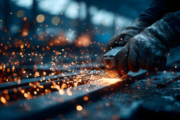 industrial worker in protective gloves using angle grinder on metal, generating bright sparks during precision fabrication process