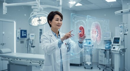 Doctor Examining Futuristic Kidney Scan in Hospital.