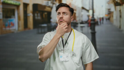 Fototapeta premium Young male doctor with beard and stethoscope stands thoughtfully on a city street, capturing professionalism and contemplation in an urban setting.