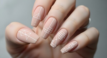 Nail art manicure with geometric white design on matte beige nails