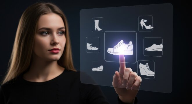 Young woman touching virtual screen with shoe icons, highlighting a sneaker, representing future online shopping and internet ecommerce.