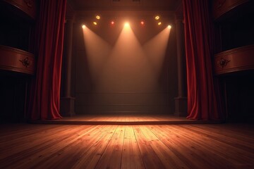 A dimly lit stage with red curtains and spotlights shining down on the wooden floorboards onstage