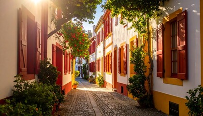 Idyllic European street with colorful buildings, sunlit cobblestones