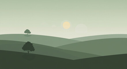 Minimalist Green Landscape with Rolling Hills and Trees, Serene and Simple Green Hillscape Background with Muted Tones