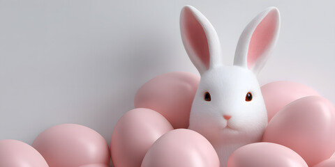 Obraz premium Close-up 3D render of pink Easter eggs with rabbit ears in a minimalist style, ideal for holiday branding, seasonal cards, and modern festive design.