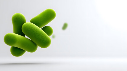 Close-up 3D render of green bacteria on white background. Scientific medical concept for infection, microbiology, or biotechnology.