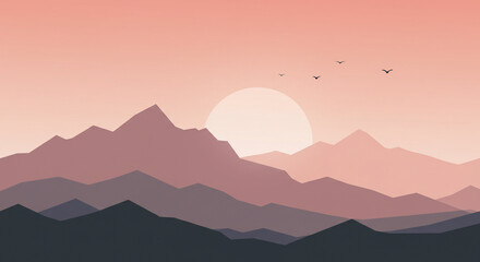 Minimalist Mountain Sunset Landscape Vector Illustration, Warm Hues and Serene Mountain View with Birds Silhouetted Against a Fading Sun