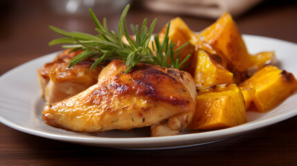 Baked chicken breast with herbs and roasted vegetables in a rustic bowl, ideal for healthy food blogs, menu design, and culinary advertising.
