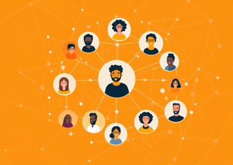 A Vibrant Connection Network Showcasing Diverse Individuals Linked by Shared Interests and Interactions on an Orange Background