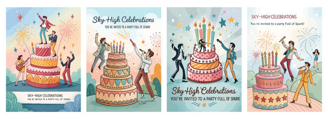 Colorful celebration posters featuring diverse groups enjoying parties with cakes and fireworks.