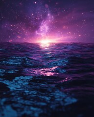 Ethereal Ocean Waves Under a Galactic Sky ocean waves sky ethereal water sea stars galaxy nebula space universe horizon light reflection sunset sunrise dawn dusk night purple pink blue dark mystical