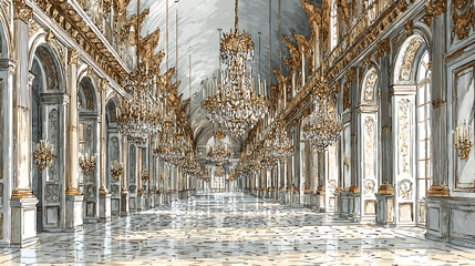 Opulent hall of mirrors interior at palace of versailles, featuring majestic chandeliers, ornate moldings, and lavish furnishings amidst grandiose reflective surfaces. Majestic Archway. Illustration