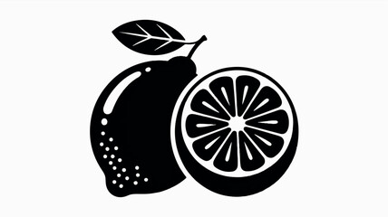 A minimalist black and white illustration of a citrus fruit, specifically a lemon, shown in two views 