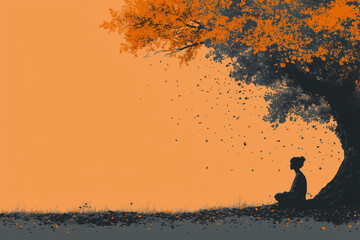 Minimalist line drawing of a calm silhouette sitting under a large tree with falling leaves, symbolizing mindfulness, balance, and peace, muted autumn colors for mental health,good mind