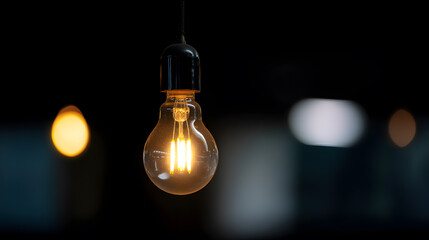 Single hanging vintage-style light bulb on dark background. Atmospheric lighting image perfect for decor inspiration, interior mood or innovation concepts.