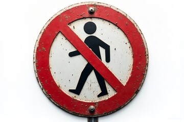 A weathered no pedestrian sign with a red circle and diagonal line on a white background surface
