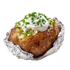 Foil-wrapped baked potato with sour cream. Isolated white background. Png format