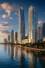 Fototapeta premium Modern skyline of Miami with towering skyscrapers, tropical vibe, and waterfront views