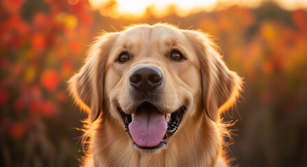 Obraz premium Dog's Happy Face with Autumn Sunset Glow