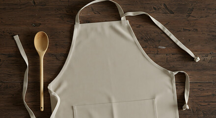 Apron with Wooden Spoon on Rustic Wooden Table: Culinary Preparation and Kitchen Essentials, Ready for Creative Cooking Ventures