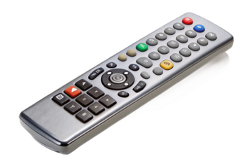 Silver tv remote control with many buttons on black background