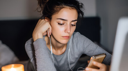 Woman looking tired while scrolling smartphone. Concept of digital burnout, screen fatigue, or emotional exhaustion caused by constant phone use.