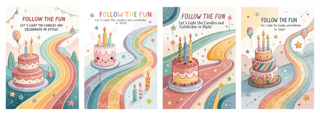 Colorful birthday-themed illustrations featuring whimsical cakes and party elements.