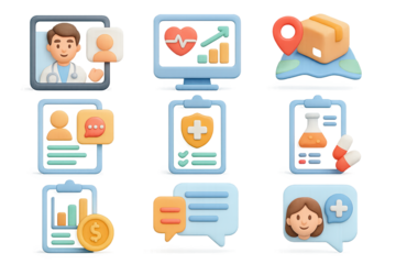 Cartoon style medical and communication technology icons for digital health and e-commerce