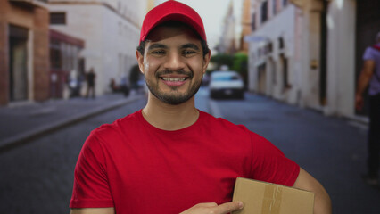 Young hispanic courier man wearing red cap pointing finger to package on busy city street; service...