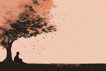 Minimalist line drawing of a calm silhouette sitting under a large tree with falling leaves, symbolizing mindfulness, balance, and peace, muted autumn colors for mental health ,positive thinking