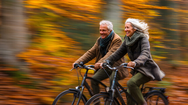 Motion blur photo of senior couple cycling in autumn park, ideal for promoting vitality, active retirement, and joyful living.