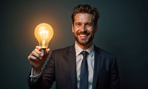A smiling businessman holds a glowing light bulb, symbolizing brilliant ideas, innovation, and inspiration for success.