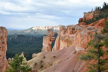 Scenic view of Bryce Canyon National Park showcasing unique rock formations under a cloudy sky.