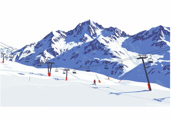 Ski Resort Scene with Mountain and Chairlift Illustration