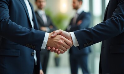 Two professionals in dark suits finalize an agreement with a firm handshake, symbolizing partnership and successful collaboration.