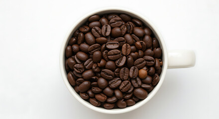 Aromatic Delight: Premium Coffee Beans Overflowing a Creamy White Mug on a Clean White Surface, ready to be brewed and