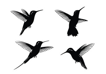 Obraz premium Hummingbird silhouettes in flight, isolated on white background, showcasing their delicate wings and graceful motion